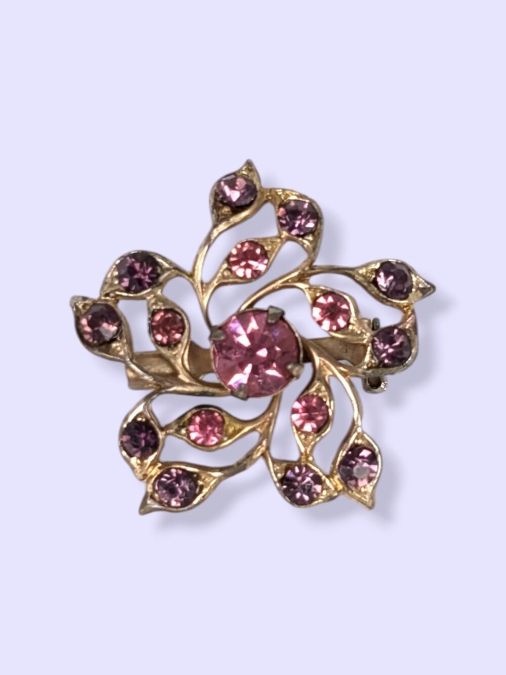 Vintage Dainty Pink & Purple Floral Rhinestone Brooch